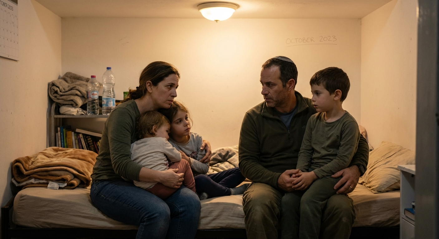 משפחה ישראלית יושבת בממד עם תאורה חמה, אווירה מתוחה אך תומכת