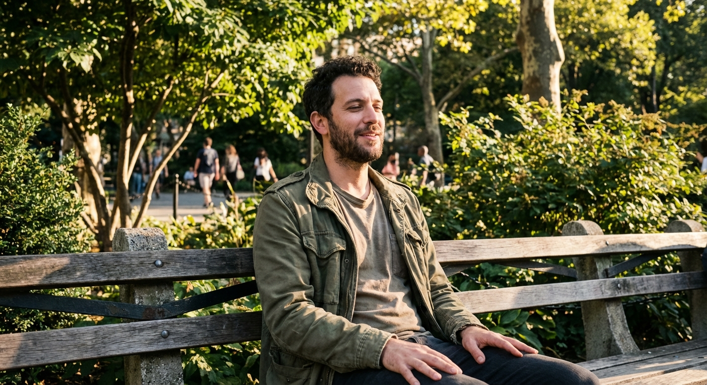 גבר ישראלי צעיר יושב על ספסל בפארק ונושם עמוק, הבעה רגועה