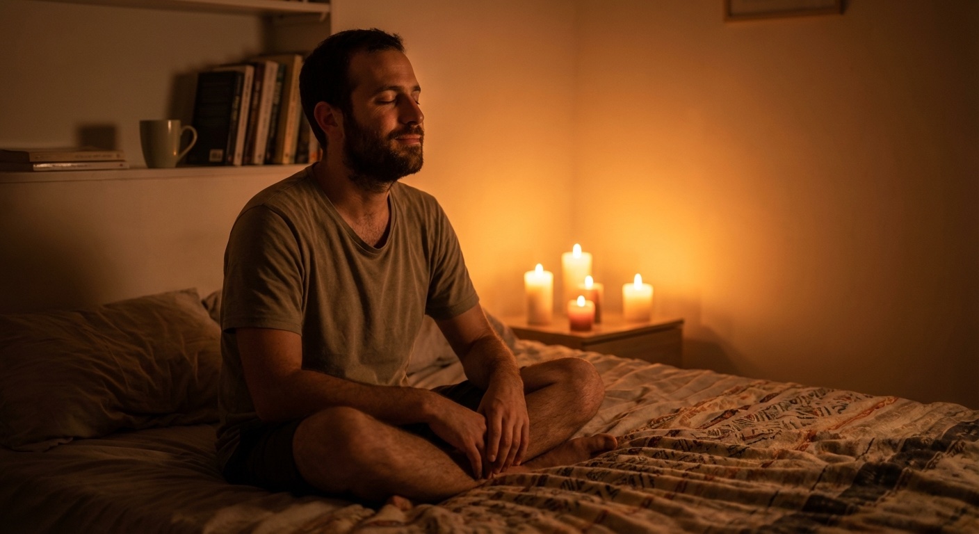 גבר ישראלי בשנות ה-30 יושב על מיטה בחדר שינה חשוך עם אור נר חם, עושה תרגיל נשימה