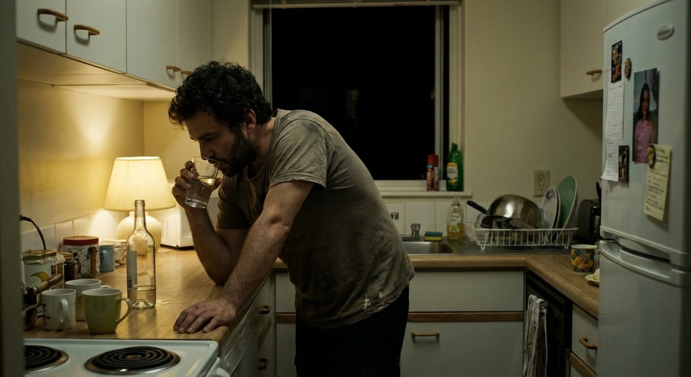 גבר ישראלי צעיר במטבח שותה מים אחרי ויכוח, נשען על השיש ומרפה כתפיים
