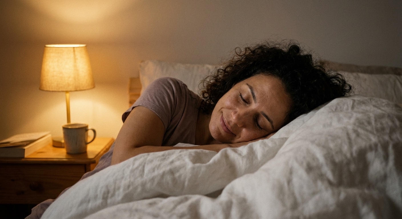 אישה ישראלית שוכבת במיטה בתאורה עמומה, עיניים עצומות, פנים רגועות