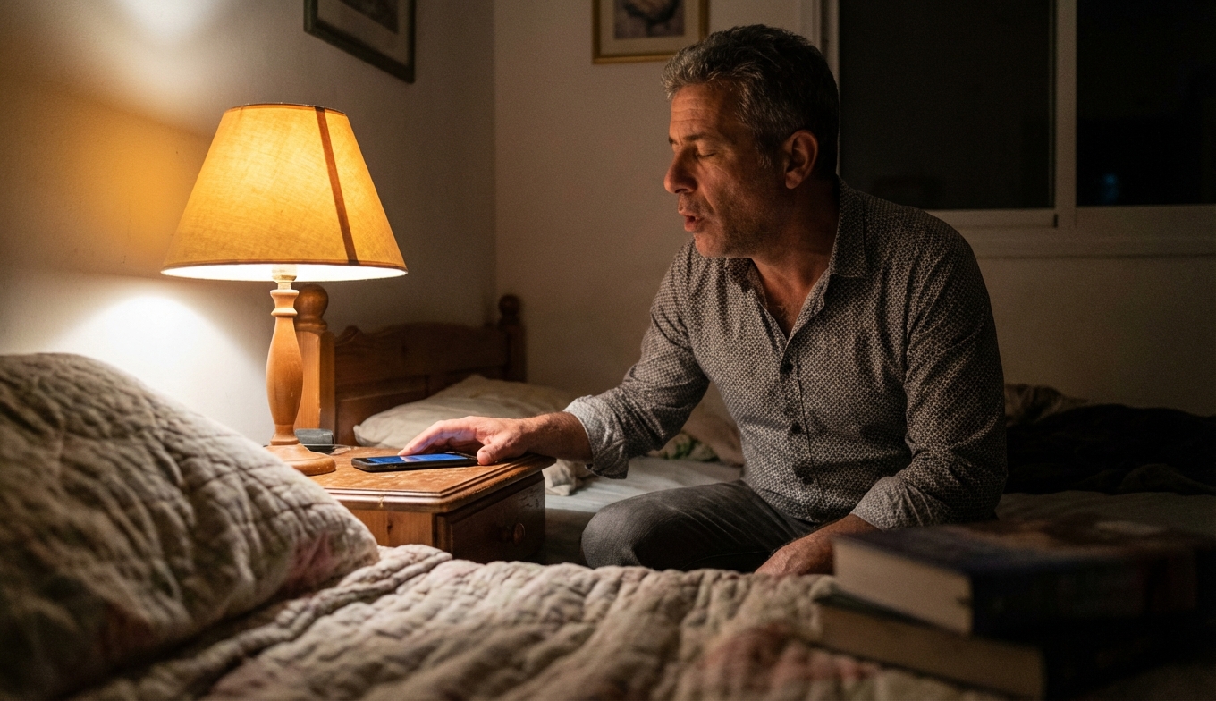 אדם ישראלי עומד ליד מיטה בחדר שינה רגוע, מניח את הטלפון בצד ונושם עמוק באור ערב חמים