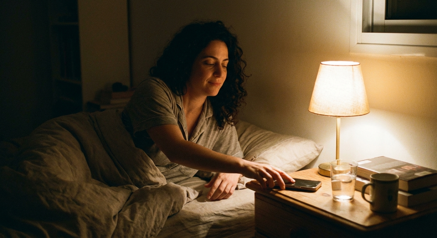אישה ישראלית במיטה בלילה מניחה את הטלפון בצד ונושמת לאט באור מנורה רך