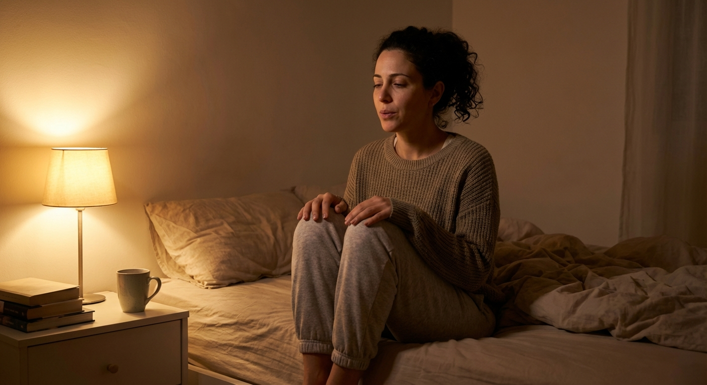 אישה ישראלית בשנות ה-30 יושבת על מיטה בלילה, אור חם עמום, נושמת לאט עם ידיים על הברכיים