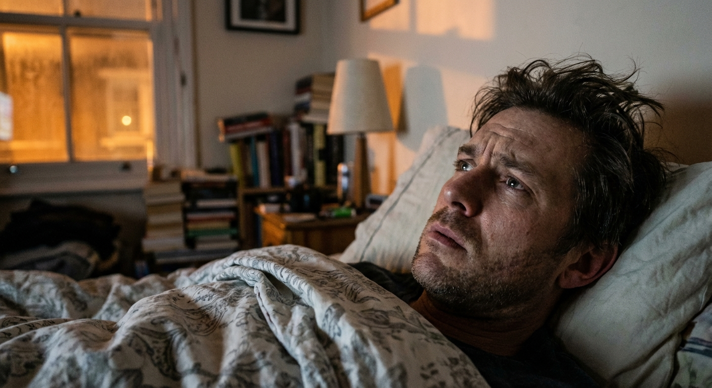 גבר ישראלי צעיר שוכב במיטה בחדר שינה חשוך, מביט לתקרה במבט מודאג, אור רחוב רך נכנס מהחלון