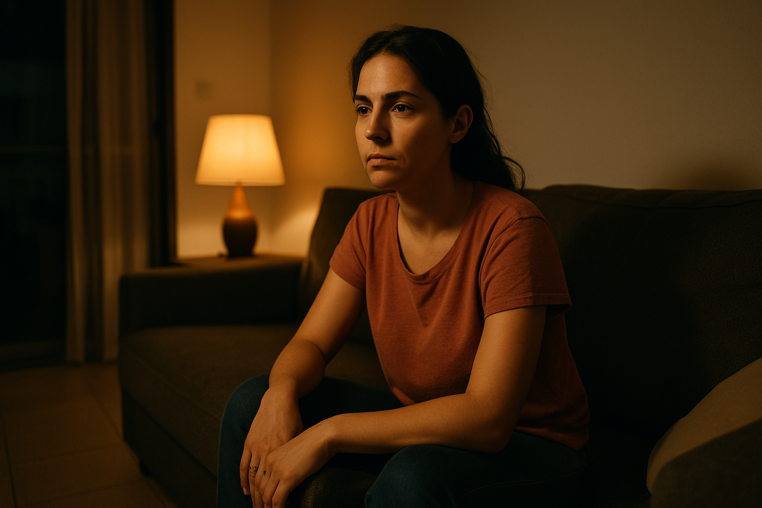 אישה ישראלית צעירה יושבת לבד בסלון מואר באור רך, ידיים על הברכיים, מבט מרוכז, סביבה ביתית שקטה