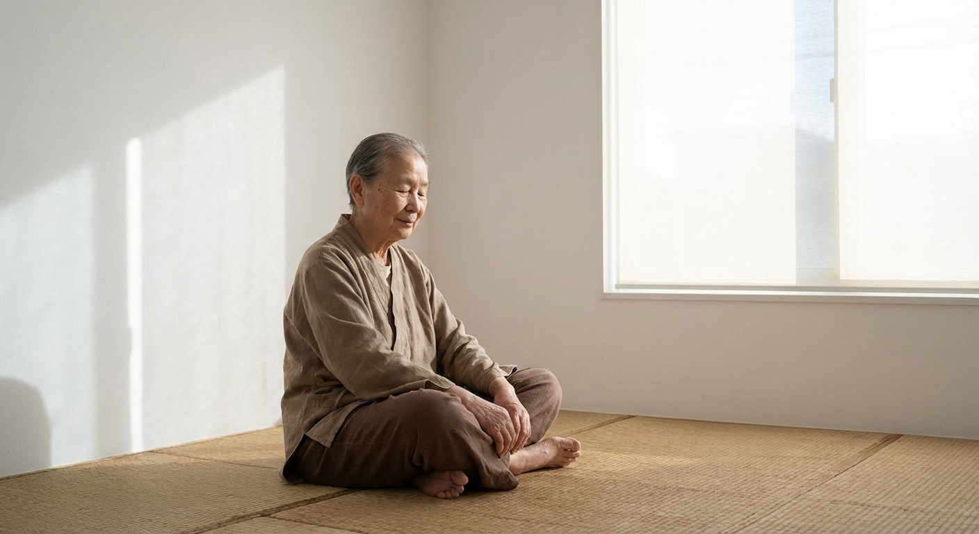 אדם יושב בשקט עם עיניים עצומות, ידיים על הברכיים, אווירה מדיטטיבית