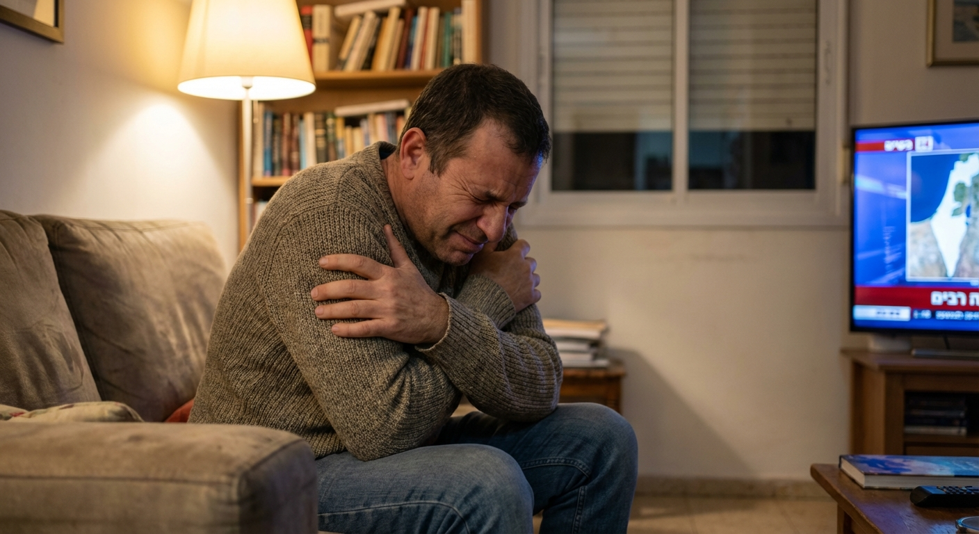 גבר ישראלי יושב בסלון אחרי אזעקה עם עיניים עצומות וידיים משולבות על הכתפיים בתרגיל הרגעה