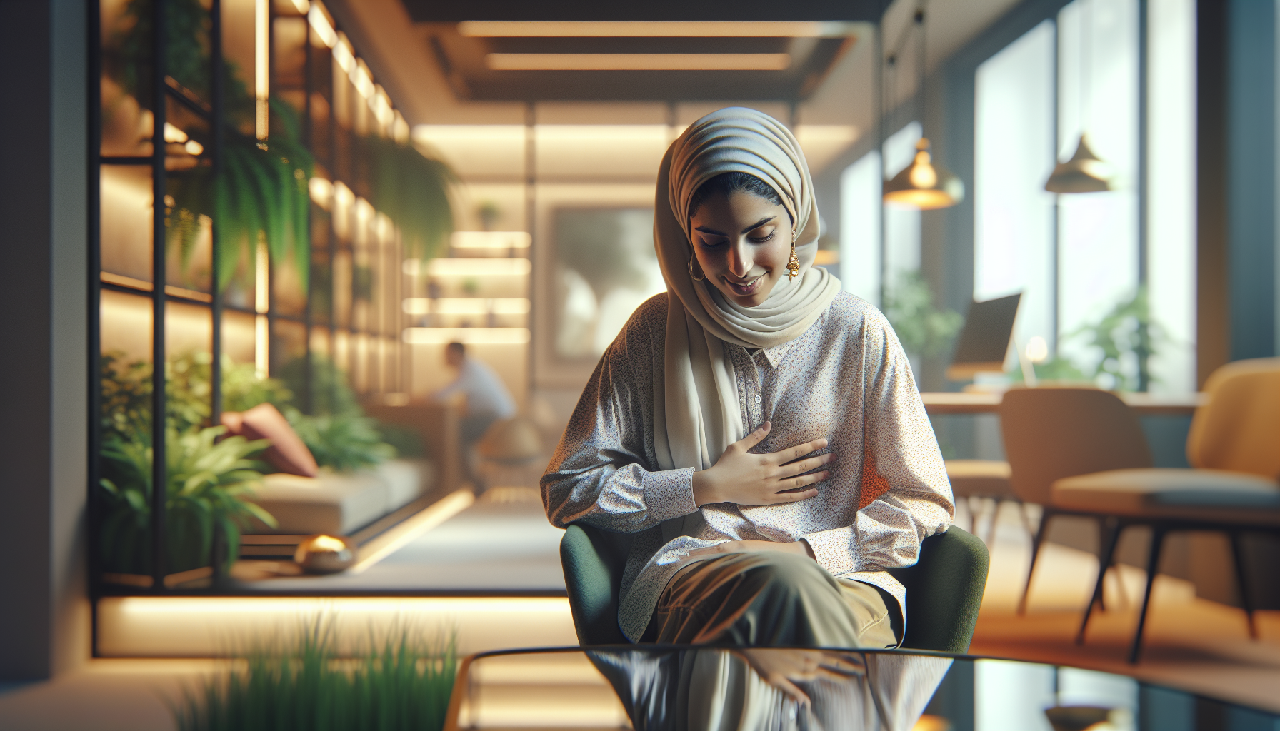 אישה ישראלית צעירה יושבת בחדר שקט עם ידיים על הבטן, עיניים עצומות, הקשבה פנימית