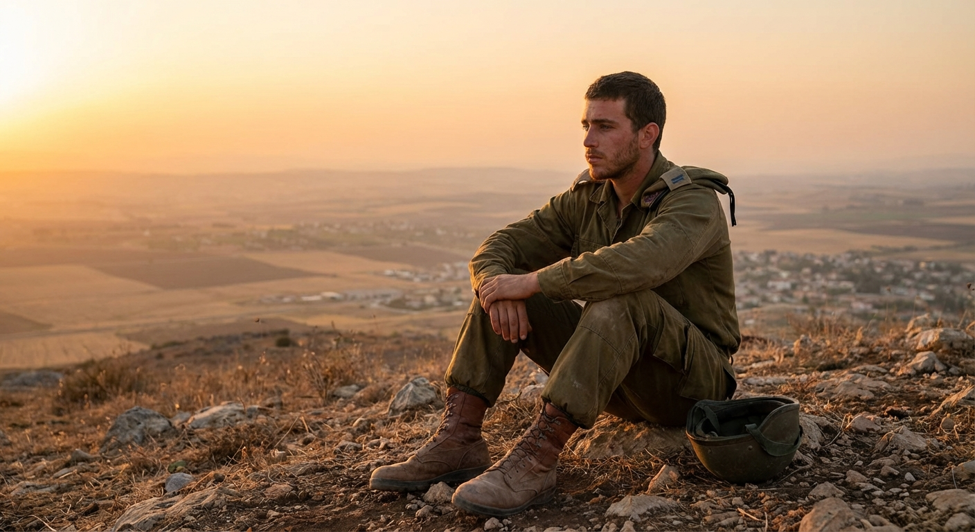 חייל יושב לבד על גבעה מול שקיעה ישראלית, מביט לאופק עם הבעה מהורהרת