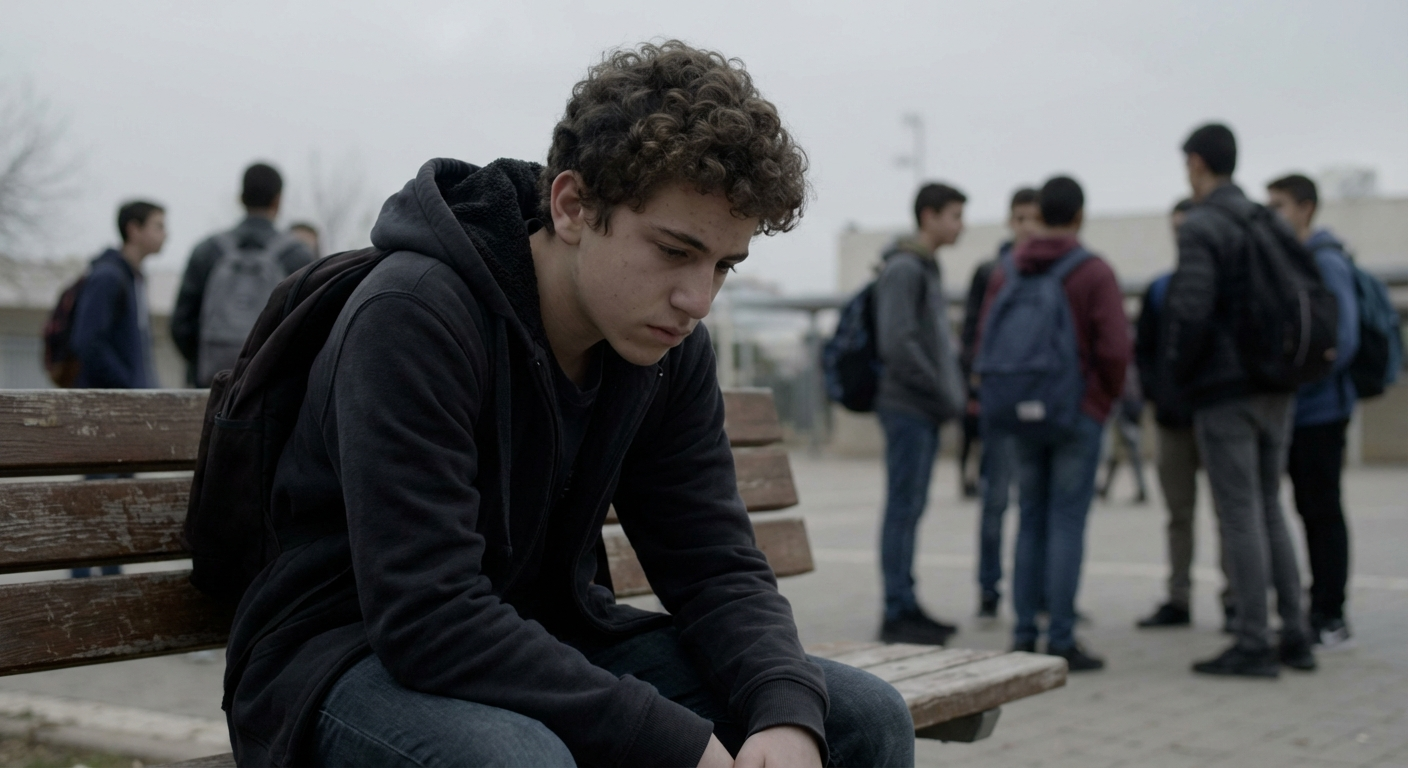 נער ישראלי יושב לבד על ספסל בחצר בית ספר, תלמידים אחרים ברקע מטושטש
