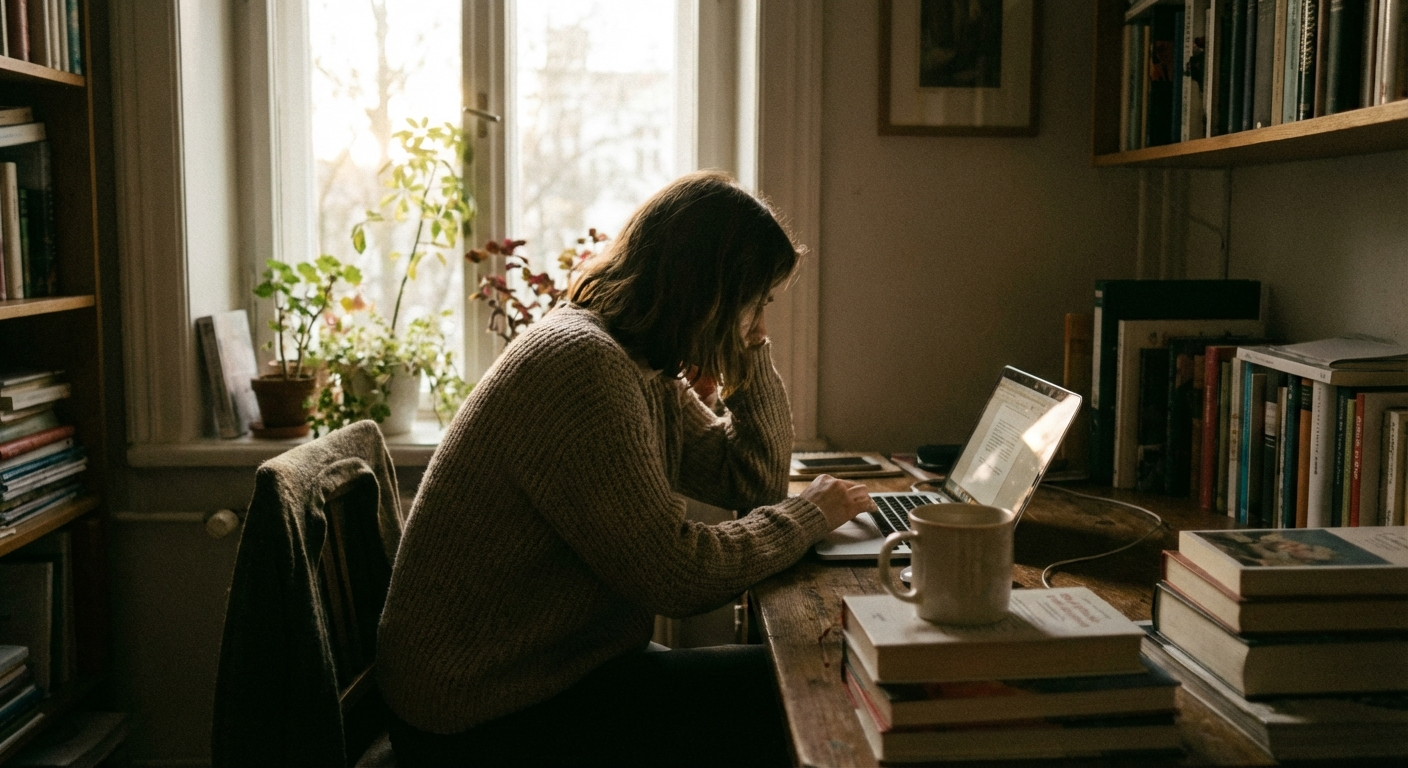 אדם יושב לבד מול מחשב בחדר ביתי, חלון עם אור טבעי
