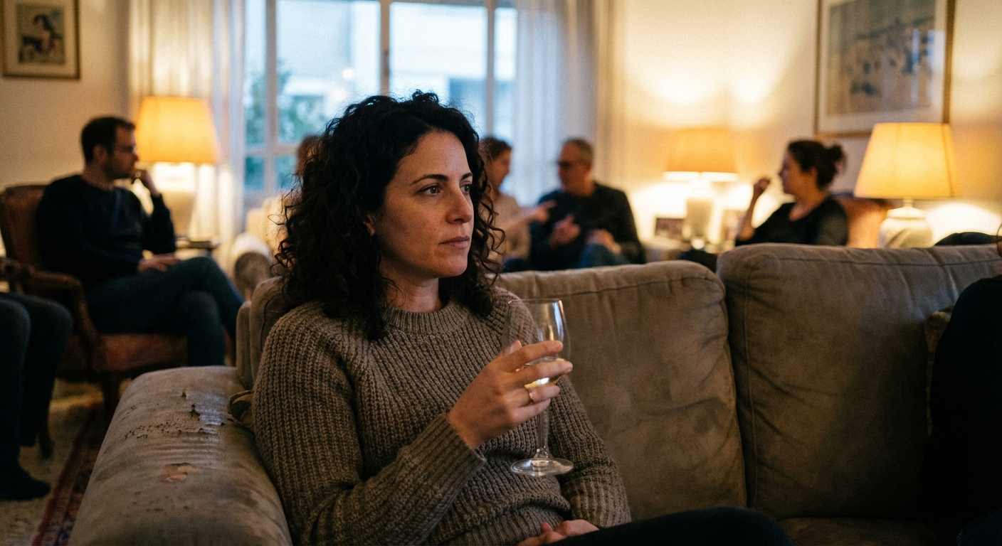 אישה ישראלית יושבת על ספה בסלון עם אנשים מטושטשים ברקע, מבט פנימי ומנותק