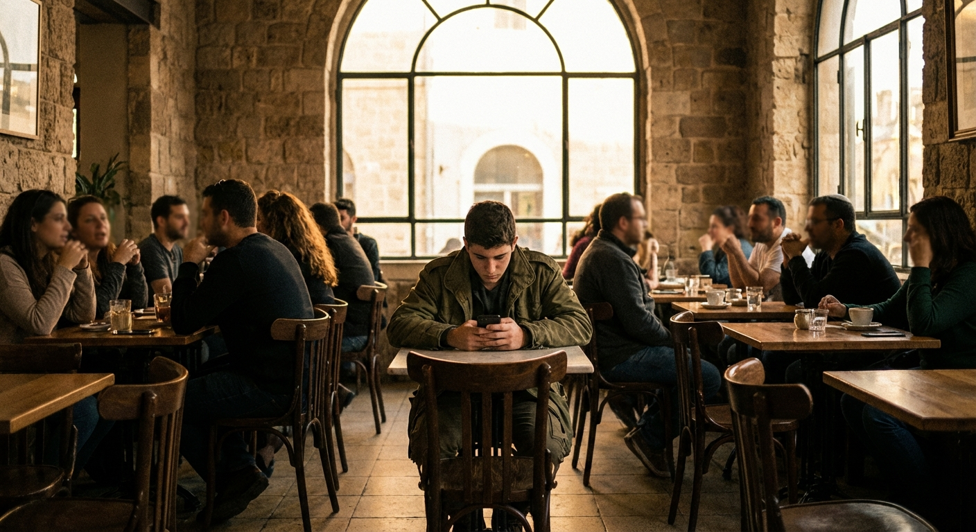 אדם צעיר יושב לבד בבית קפה ישראלי, מביט בטלפון, סביבו אנשים מדברים