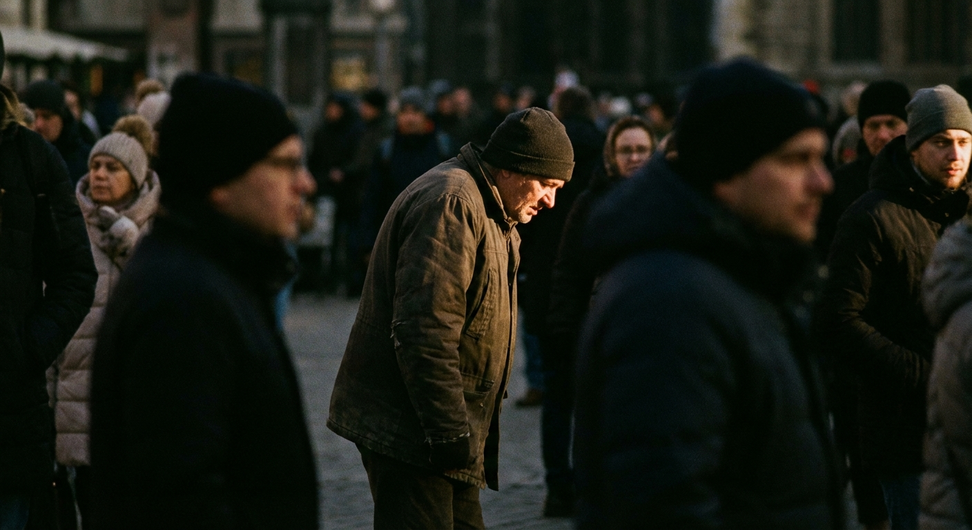 אדם בקבוצה מרגיש בודד ושונה, אור ממוקד עליו בעוד אחרים מטושטשים