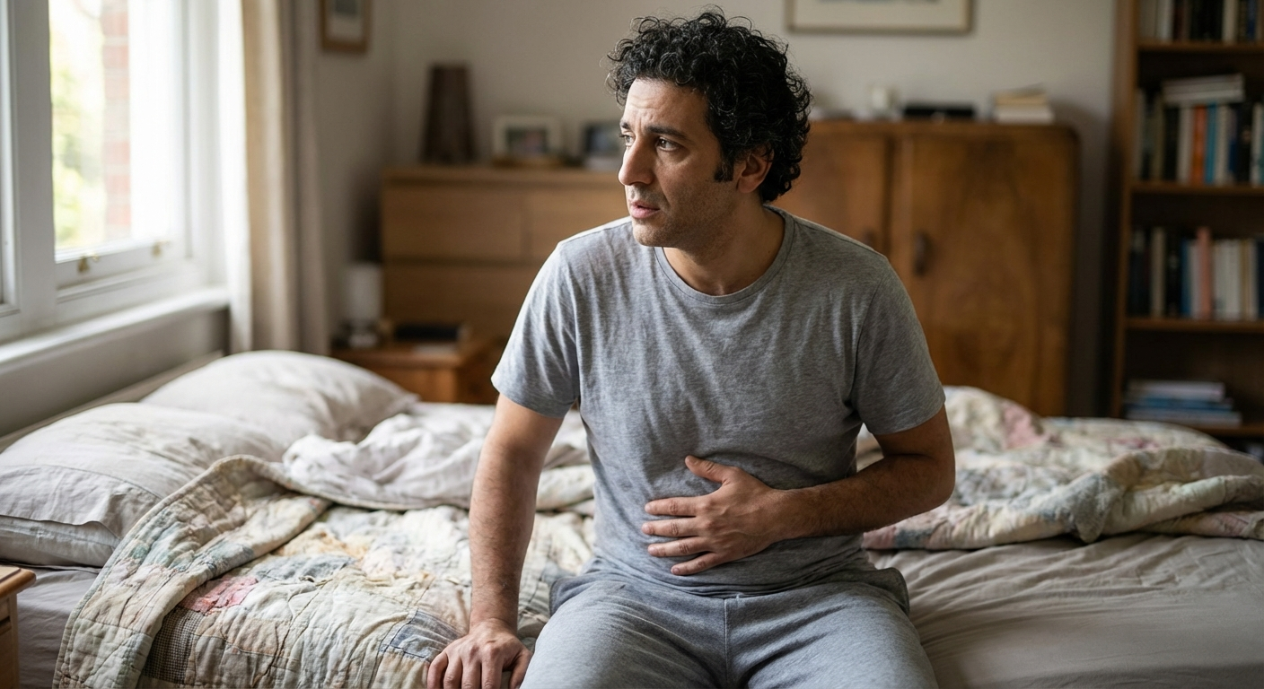 גבר ישראלי צעיר יושב על שפת המיטה ומחזיק את הבטן, מביט החוצה בחלון