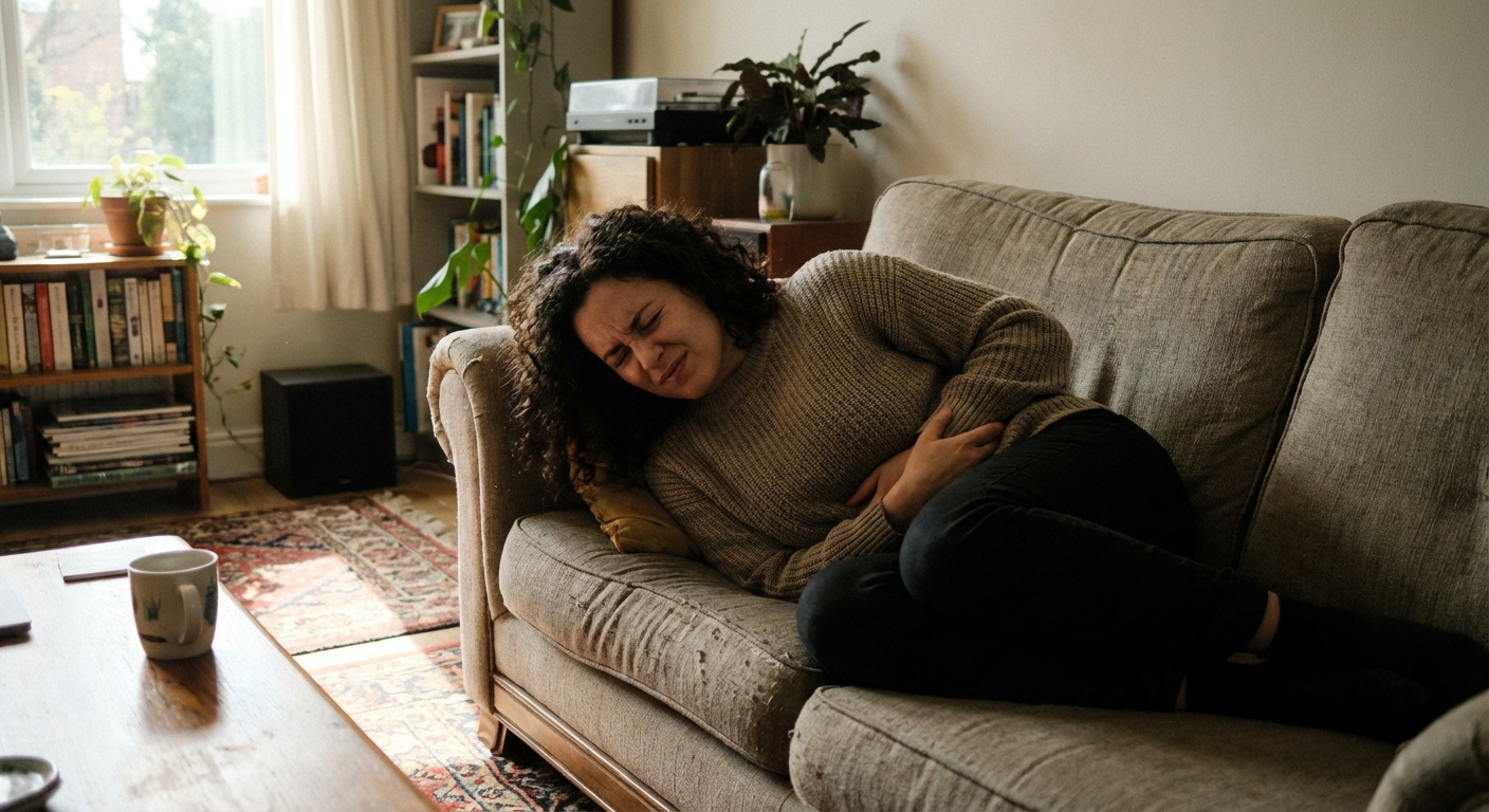 אישה ישראלית מחזיקה את הבטן בתנוחת אי נוחות בסלון