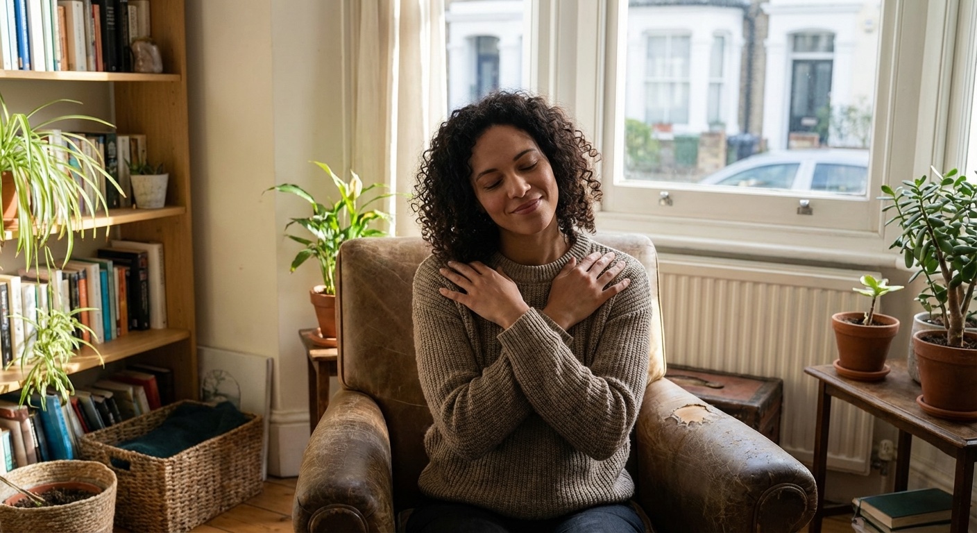 אישה ישראלית בשנות ה-30 יושבת בסלון, מטפטפת בעדינות על הכתפיים בתנועה דו צדדית