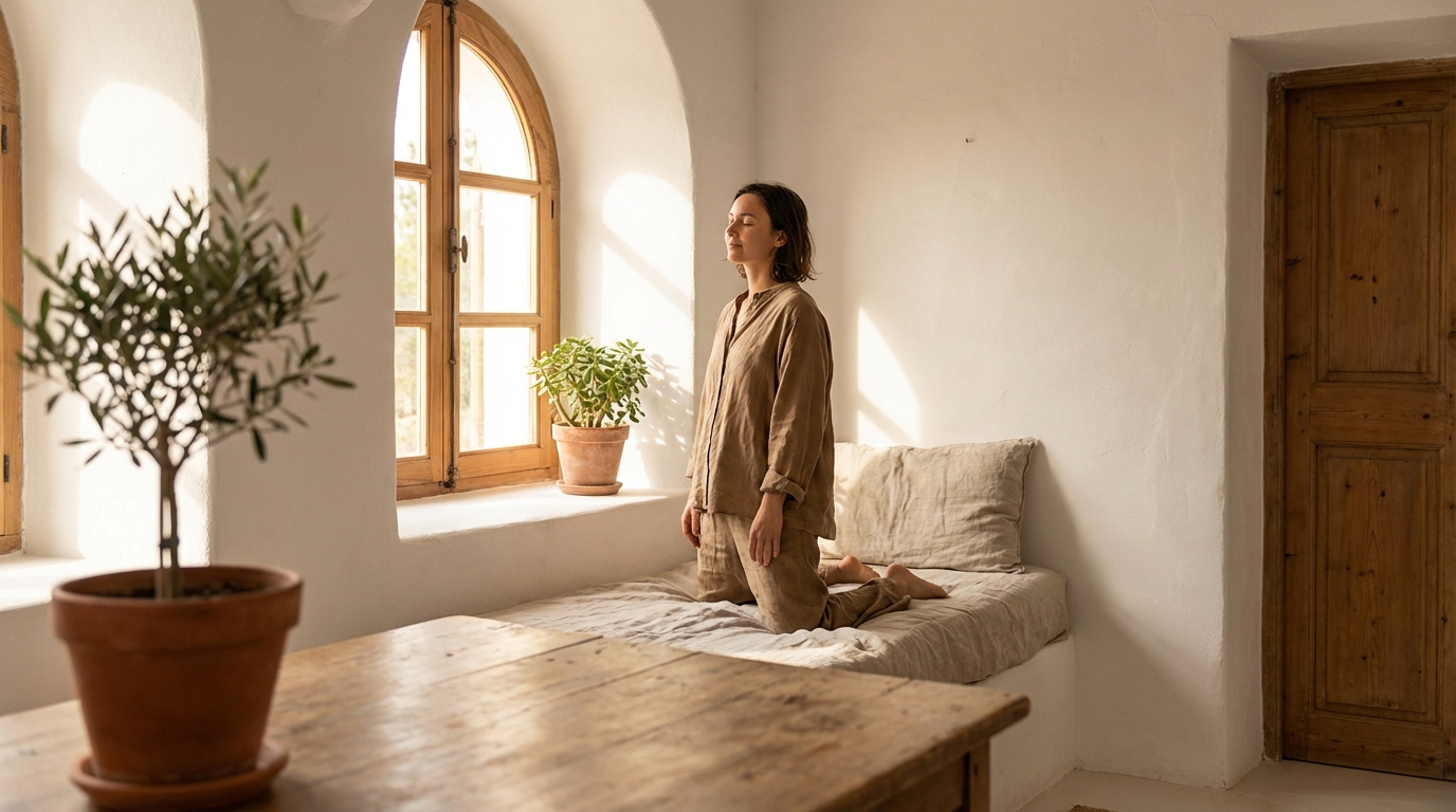 אדם יושב בשקט ליד חלון עם אור טבעי רך – אווירת רוגע ממוקד