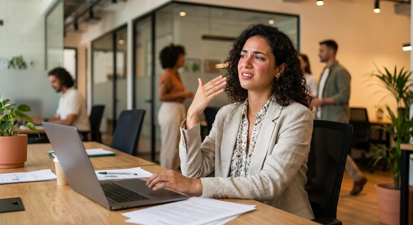 אישה ישראלית צעירה מאווררת את עצמה עם יד, הבעה של אי נוחות, ישיבה במשרד
