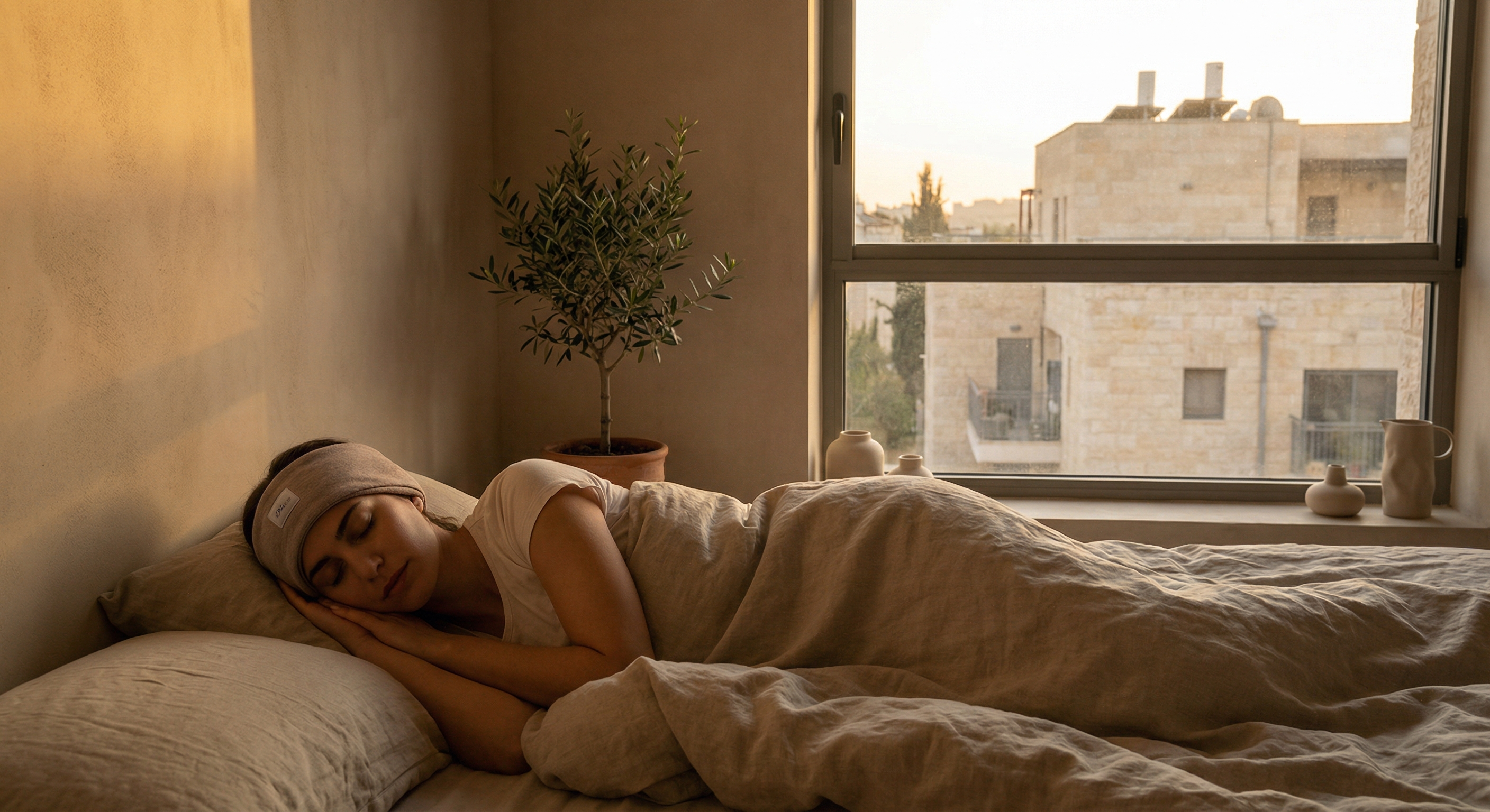 אדם שוכב במיטה עם אוזניות קלות, עיניים עצומות ואור ערב רך בחדר