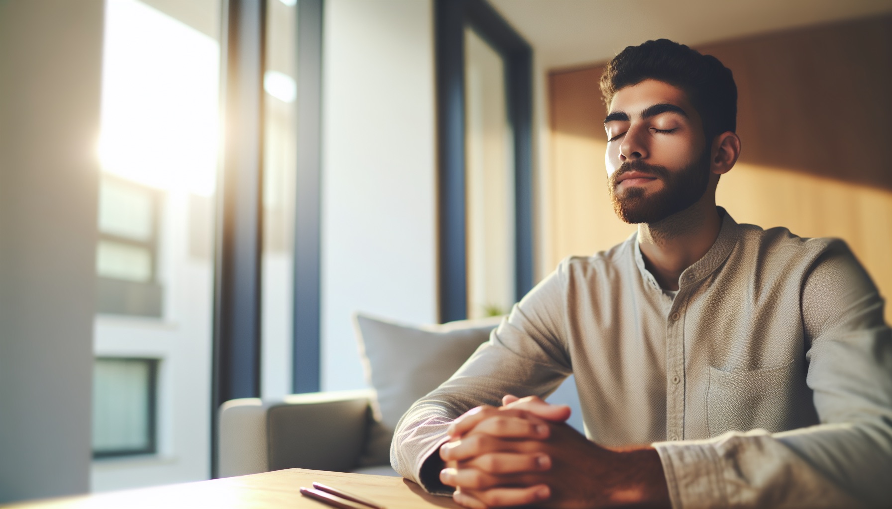 אדם ישראלי צעיר יושב בחדר שקט עם הבעה רגועה, ידיים על הברכיים