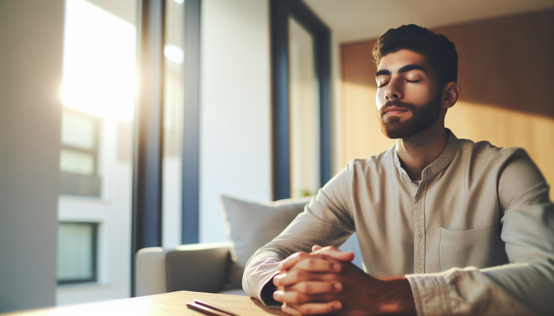 אדם ישראלי צעיר יושב בחדר שקט עם הבעה רגועה, ידיים על הברכיים