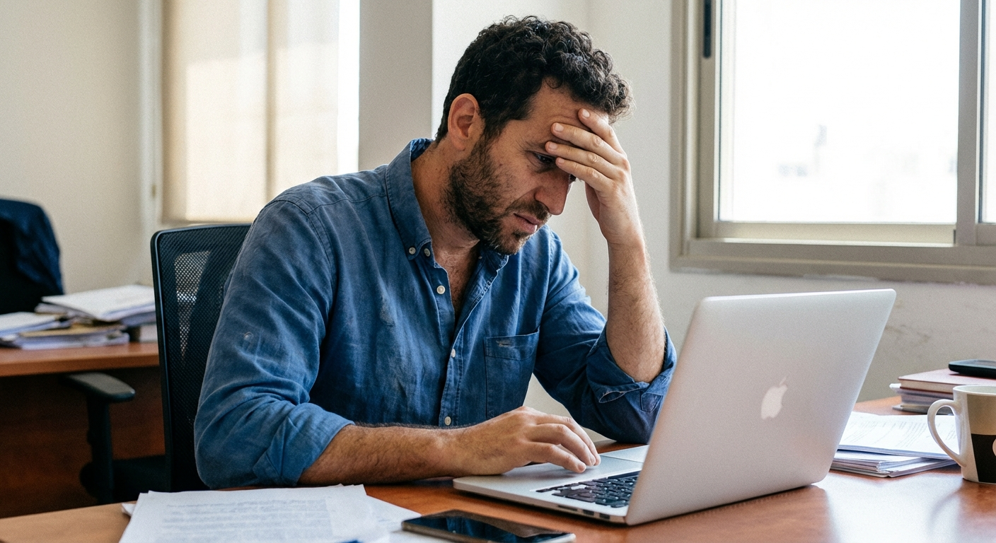 גבר ישראלי באמצע יום עבודה יושב ליד שולחן עם לפטופ, מחזיק את הראש ביד, מבט מודאג, אור טבעי מהמשרד