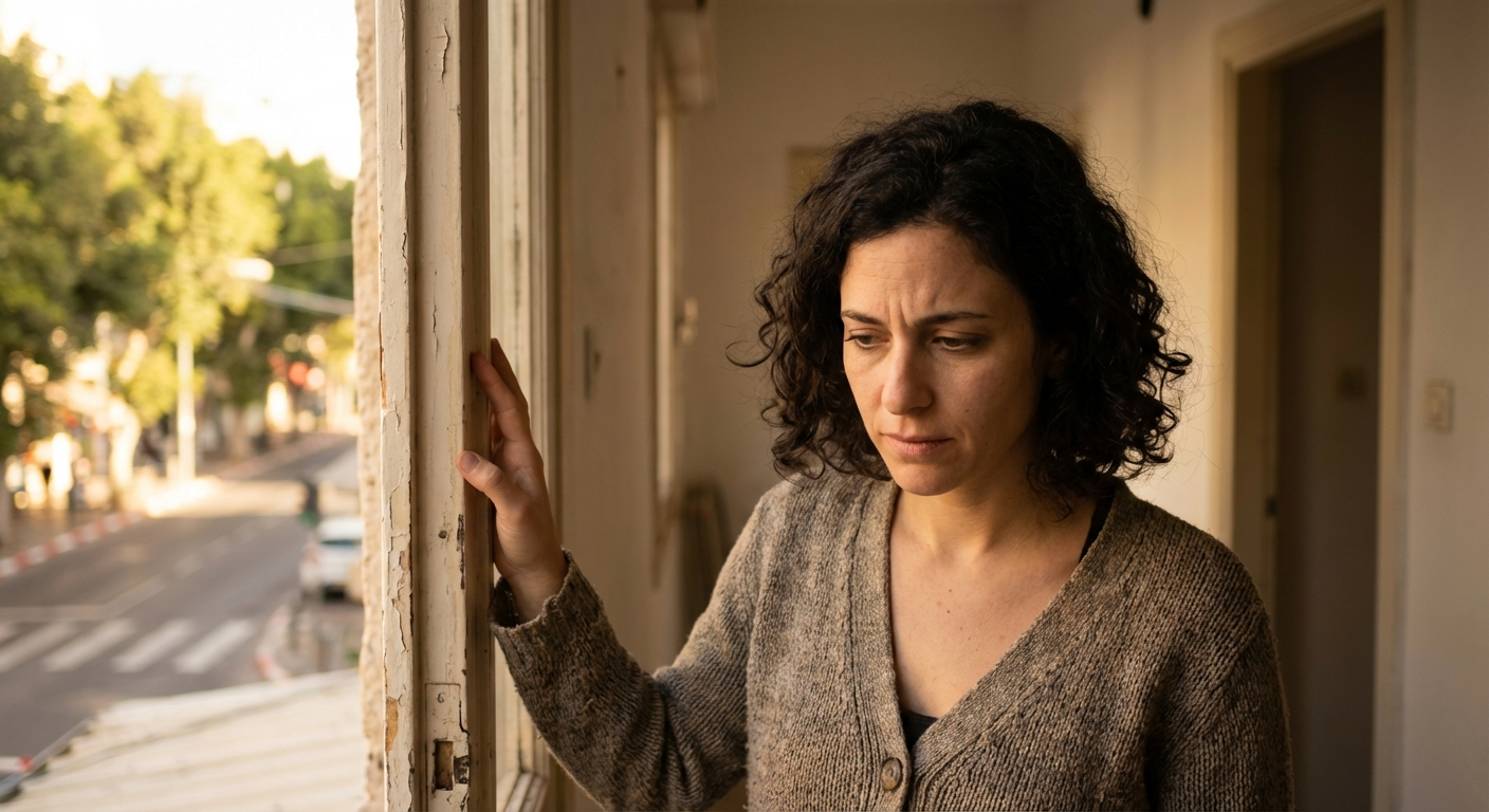 אישה ישראלית עומדת ליד פתח דלת, יד על המשקוף, הבעה מתלבטת, אור טבעי