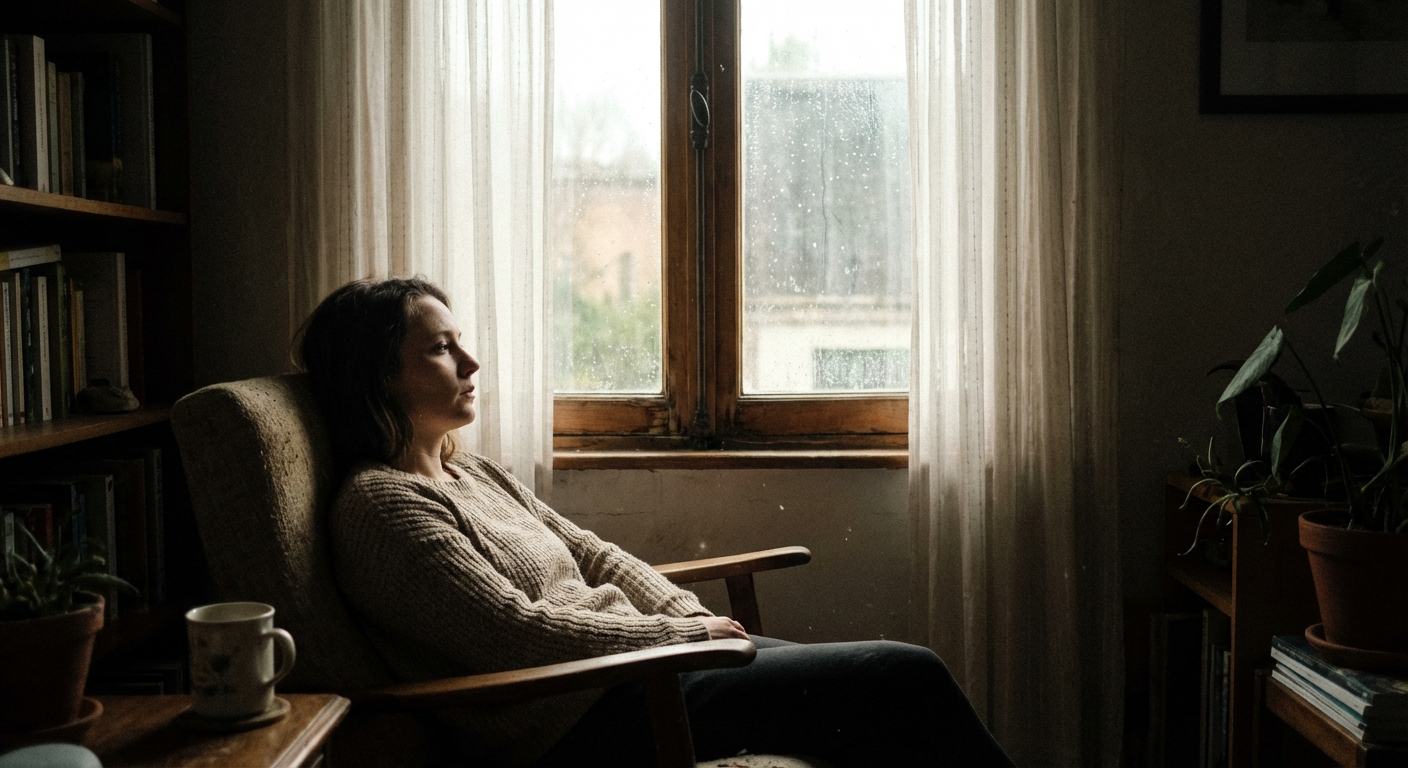 אישה יושבת ליד חלון, מביטה החוצה בעצב, אור רך חודר פנימה, חדר שקט