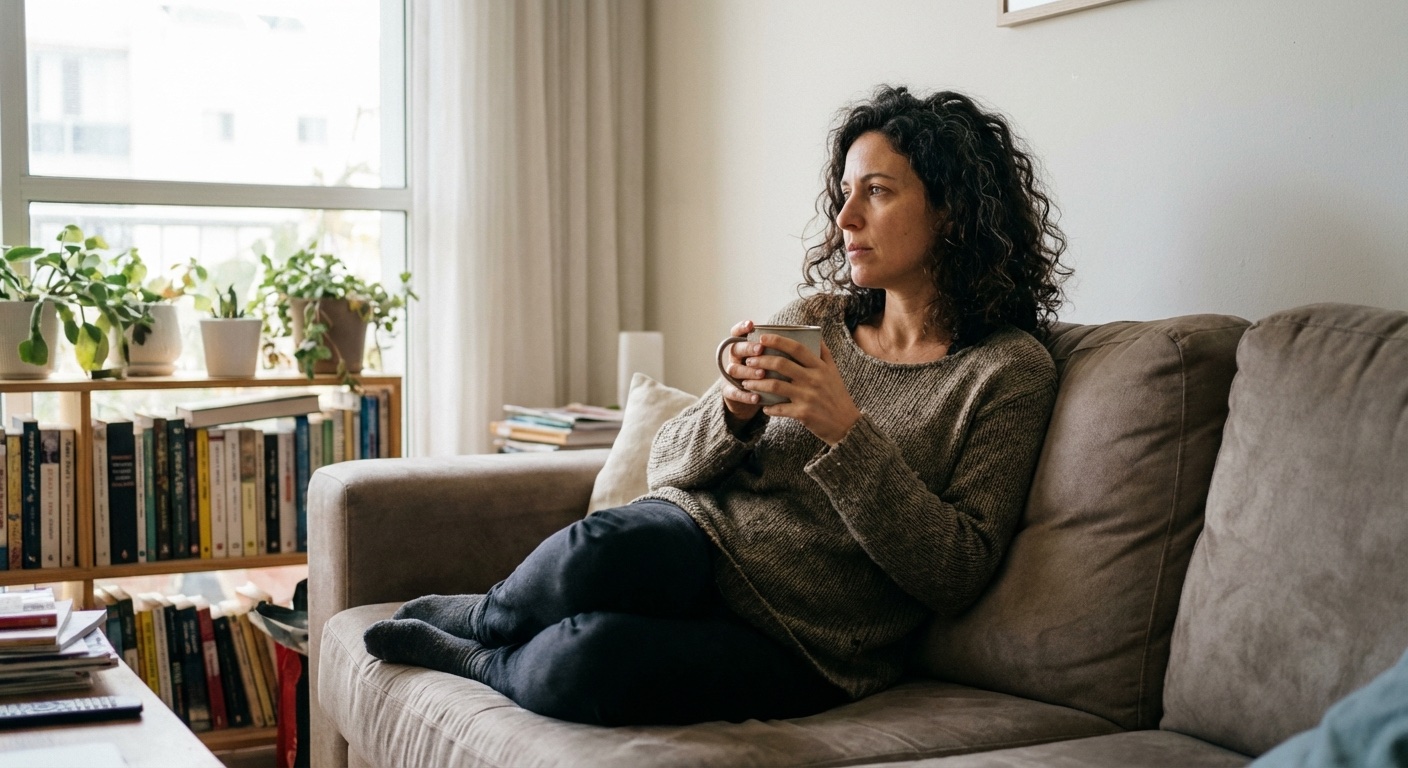 אדם ישראלי יושב על ספה עם כוס תה, מבט מהורהר, אור חלון רך, אווירה שקטה