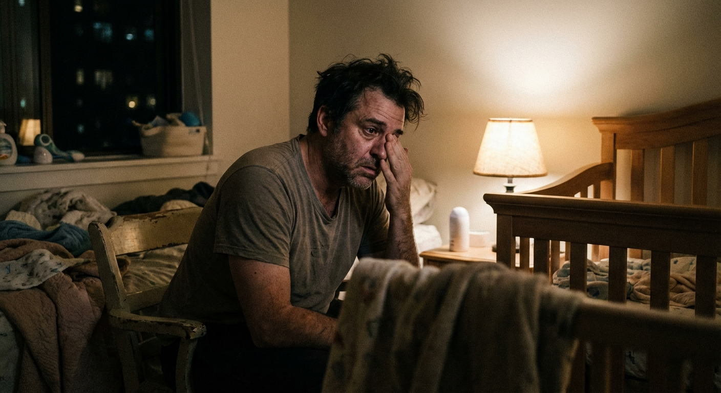 אבא ישראלי יושב ליד עריסת תינוק בלילה, נראה עייף ומודאג, תאורה עמומה