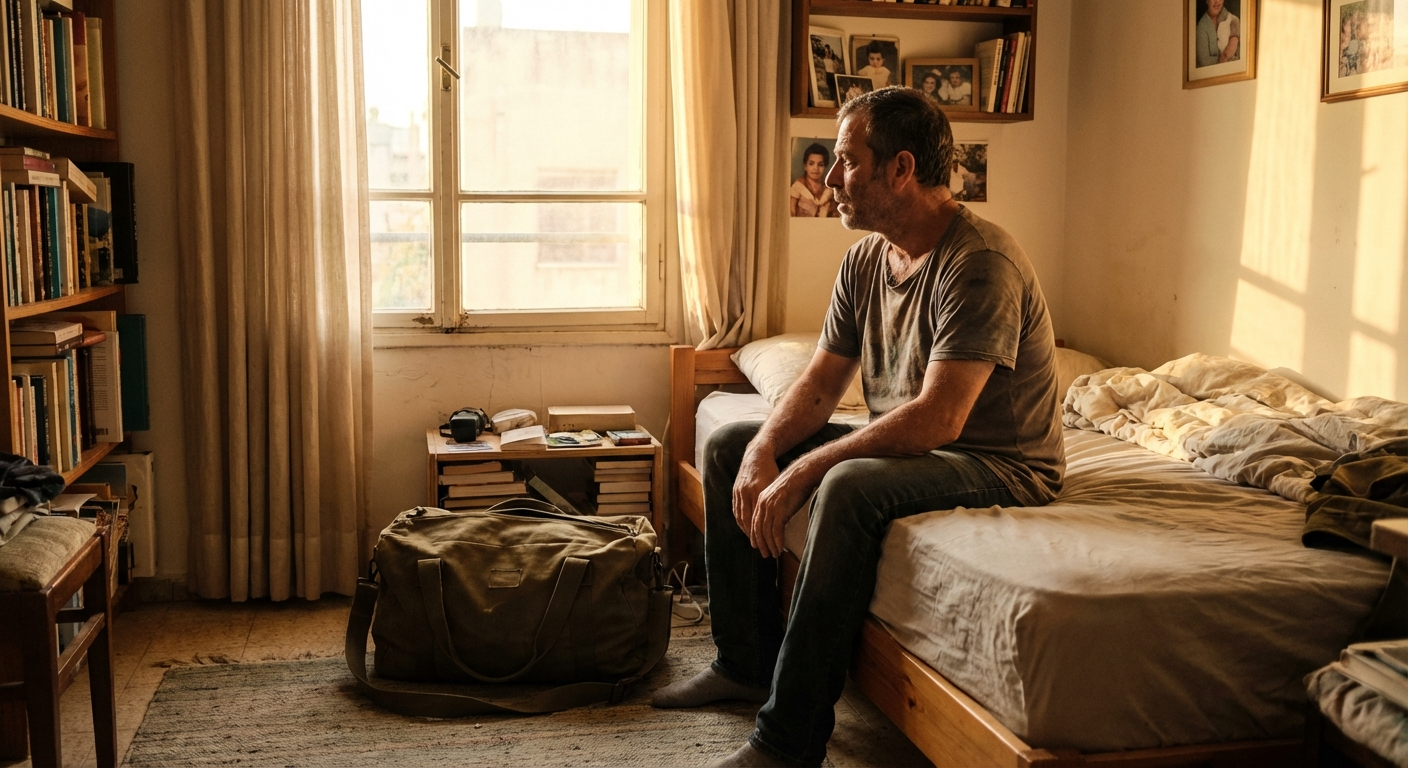 גבר ישראלי יושב על מיטה בבית, מביט לחלון, תיק צבאי על הרצפה