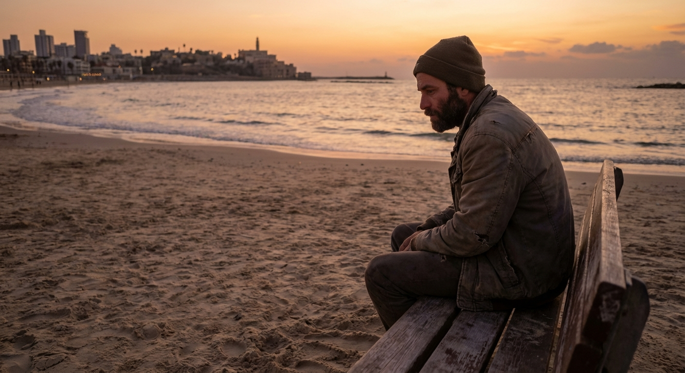 אדם ישראלי יושב לבד על ספסל חוף בשקיעה, מביט לים, אווירה מלנכולית