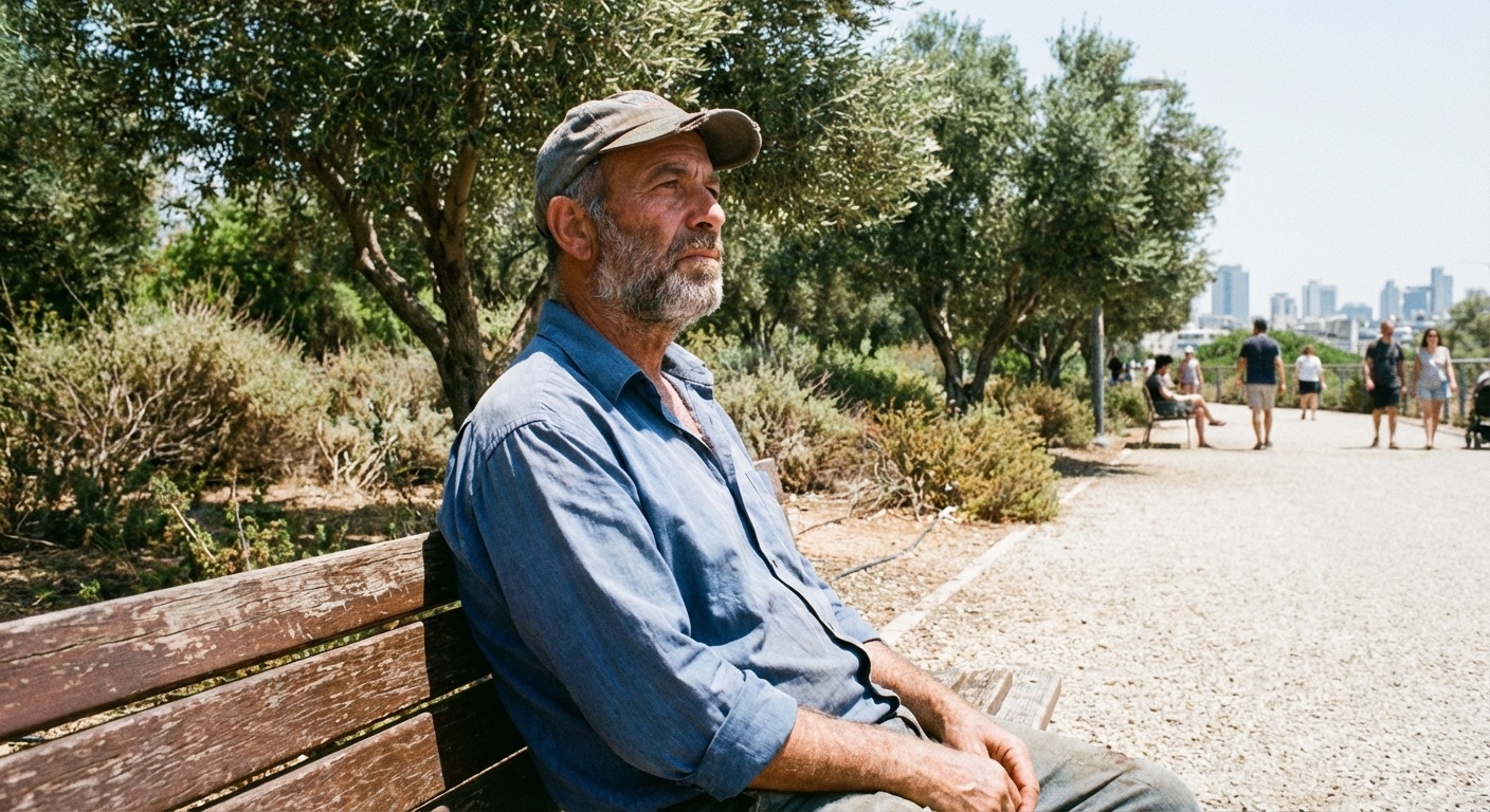 גבר ישראלי יושב על ספסל בפארק, מביט למרחק, ביטוי פנים מהורהר, תאורת צהריים