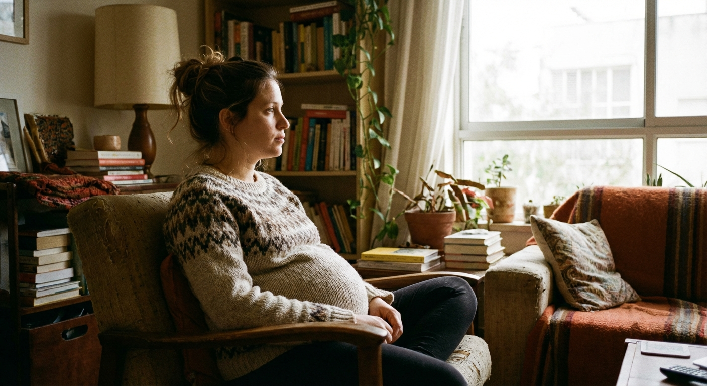 אישה בהריון יושבת ליד חלון עם אור רך, מבט מהורהר, סביבה ביתית חמה