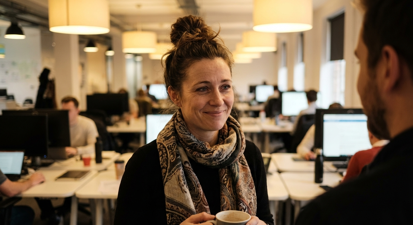 אישה מחייכת בסביבת עבודה אבל עיניה עצובות