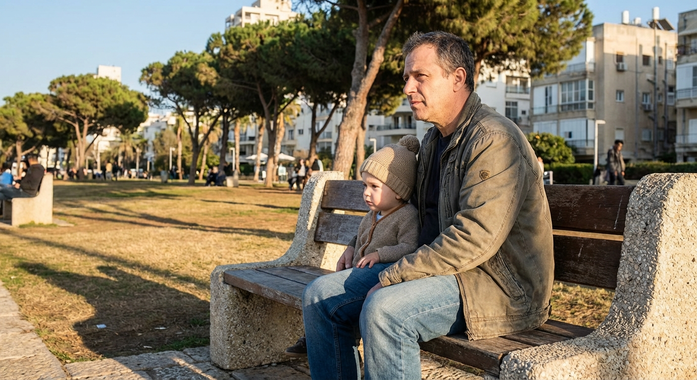 הורה יושב עם ילד קטן על ספסל בפארק ישראלי, שניהם מביטים קדימה
