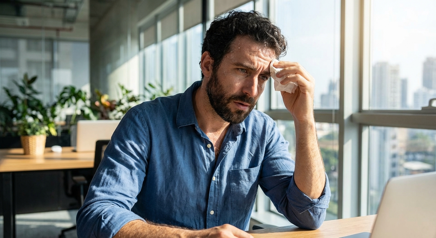 גבר ישראלי יושב במשרד מודרני עם טיפות זיעה על המצח, ביטוי מתוח, אור טבעי חם