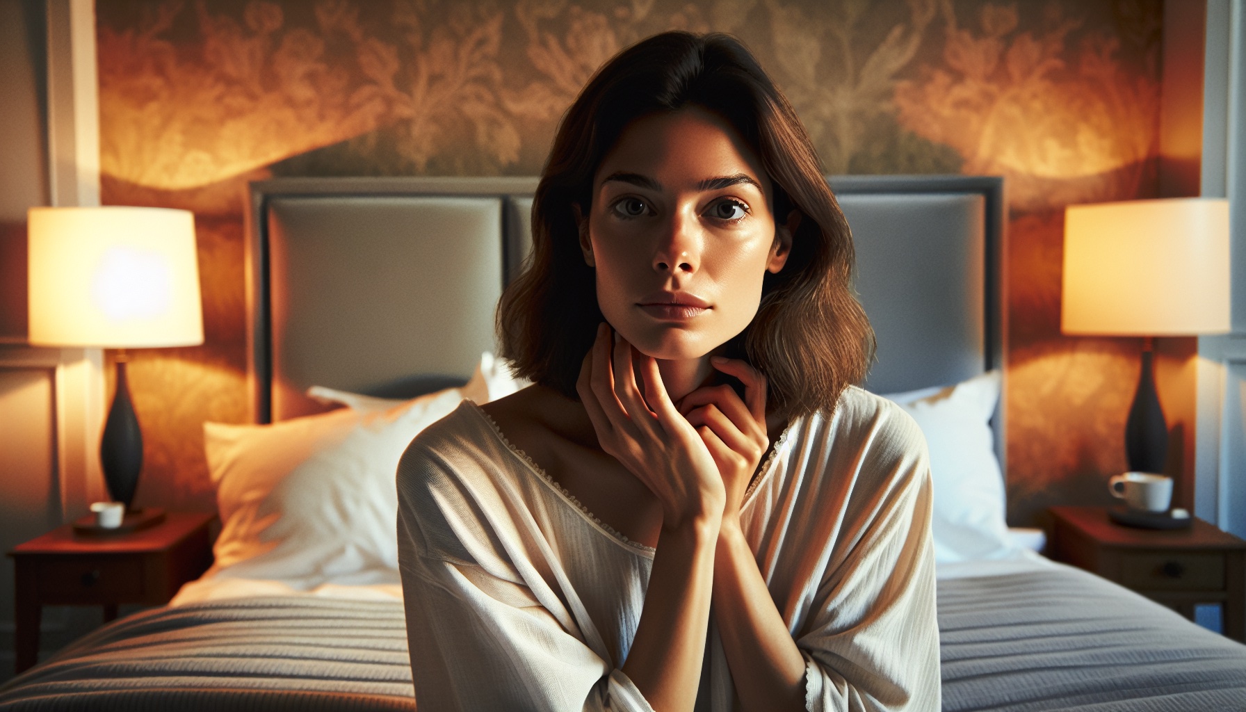 אישה ישראלית צעירה ישובה על המיטה, ידיים על הלסת, הבעה של אי-נוחות עדינה, תאורת ערב חמה