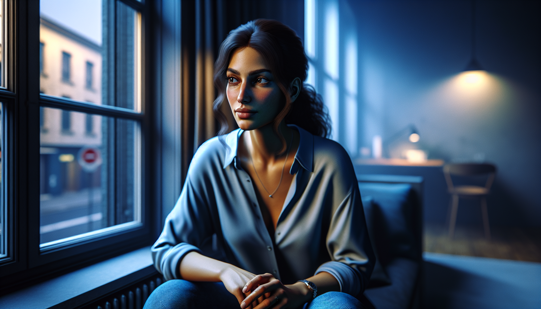 אישה ישראלית יושבת ליד חלון בדירה, מביטה החוצה בתשומת לב מרוכזת, אור עמום של שעת בין ערביים