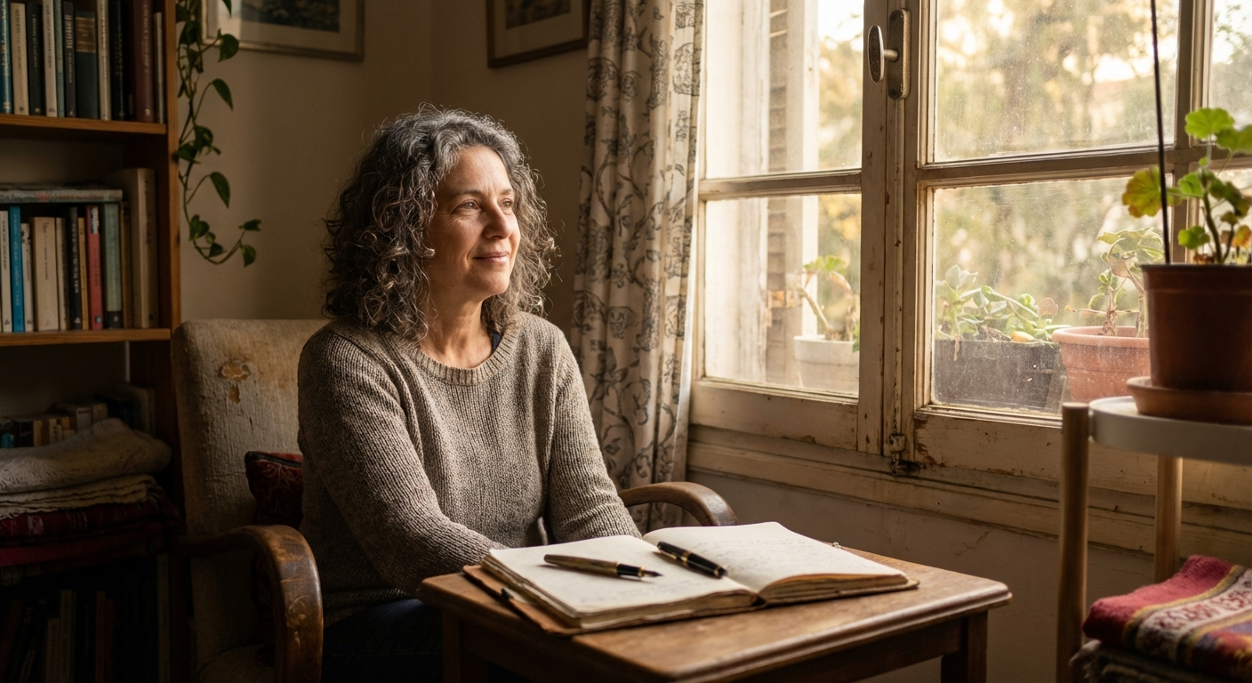 אדם ישראלי יושב ליד חלון עם מחברת ועט, מבט מהורהר ורגוע