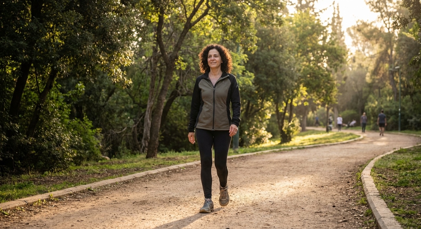 אישה ישראלית הולכת בשביל בפארק ירוק בבוקר, אור שמש רך