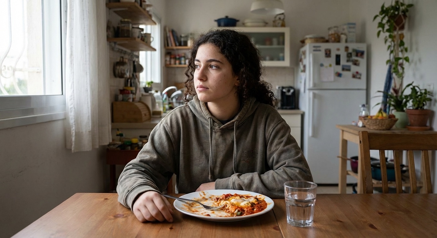 נערה ישראלית יושבת ליד שולחן אוכל עם צלחת, מבט מהורהר, אור טבעי רך