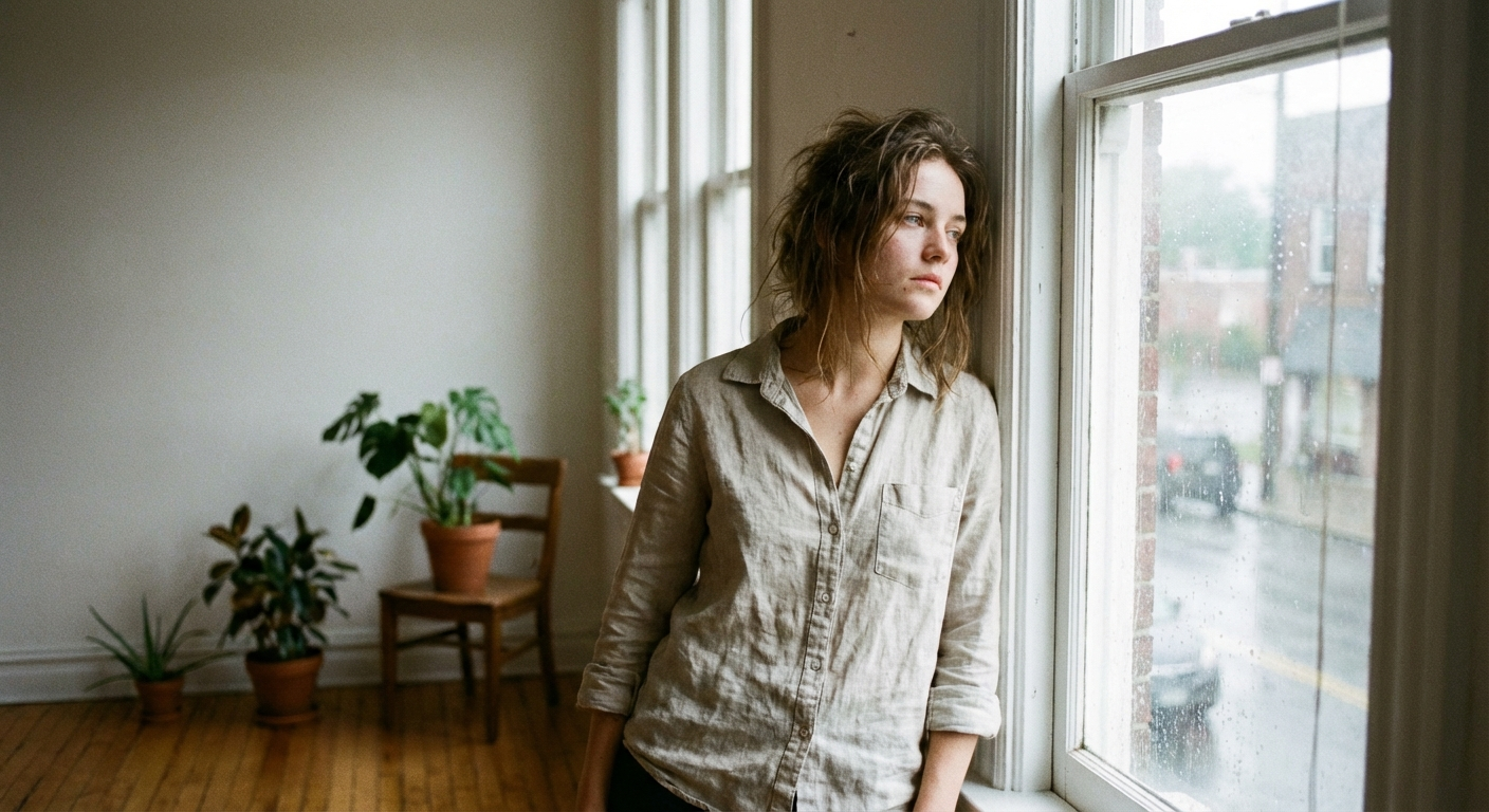 אישה ישראלית צעירה עומדת מול חלון ומביטה החוצה, אור יום רך, הבעה מהורהרת