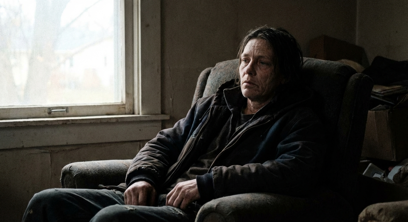 אדם יושב בחדר מעומעם, מביט קדימה במבט מנותק, אור חלש מחלון