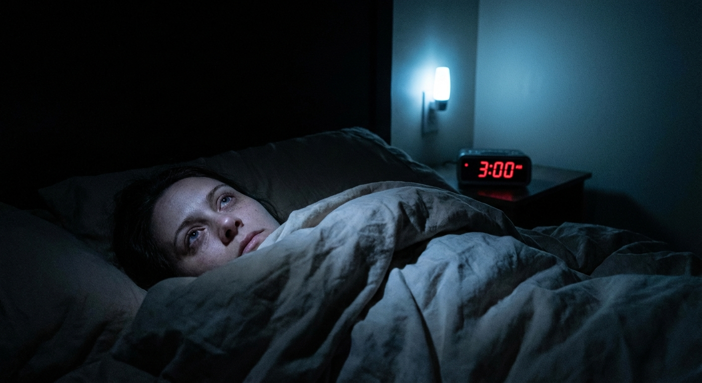 אדם שוכב במיטה בחושך עם עיניים פקוחות, שעון מראה 3 בלילה, תאורת לילה עמומה