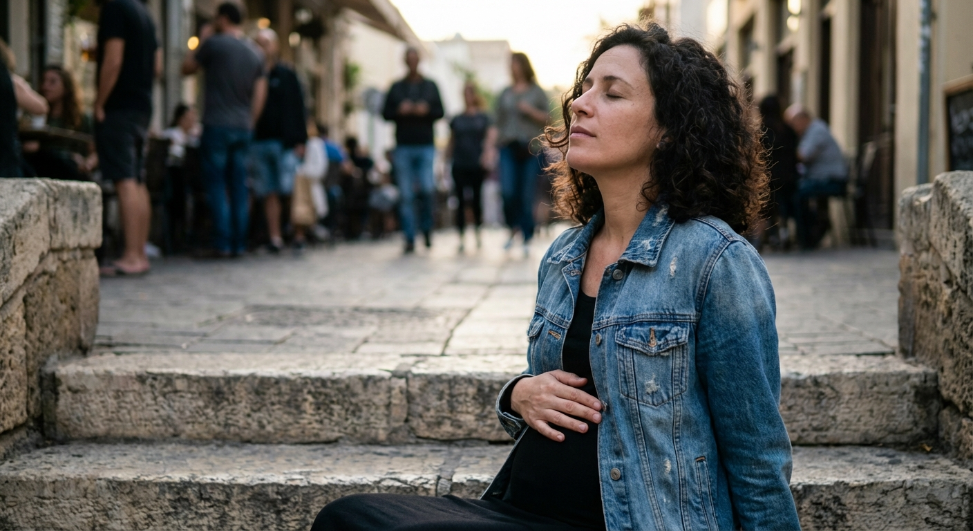 אישה ישראלית בשנות ה-30 יושבת במדרגות בחוץ, עוצרת ומניחה יד על הבטן כדי להירגע