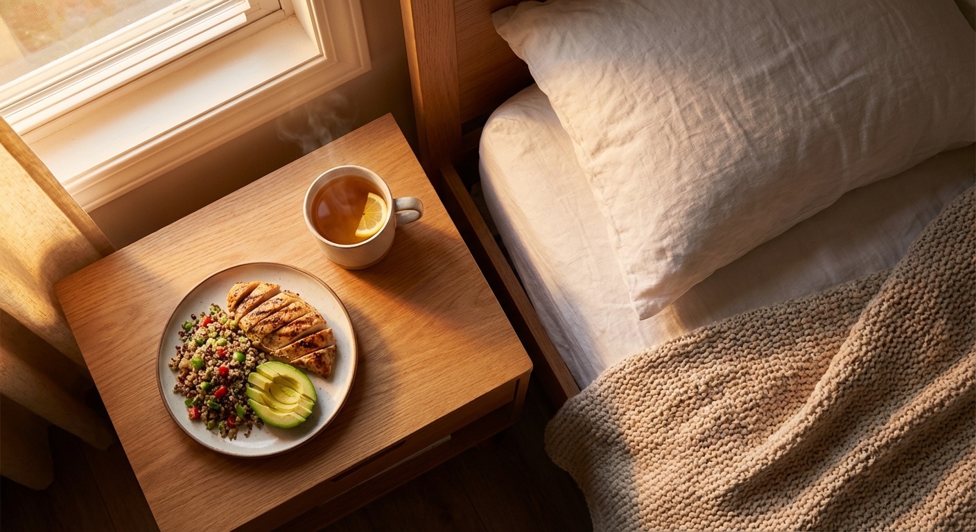 מבט מלמעלה על שולחן עם צלחת אוכל בריא וכוס תה ליד מיטה מסודרת עם כרית