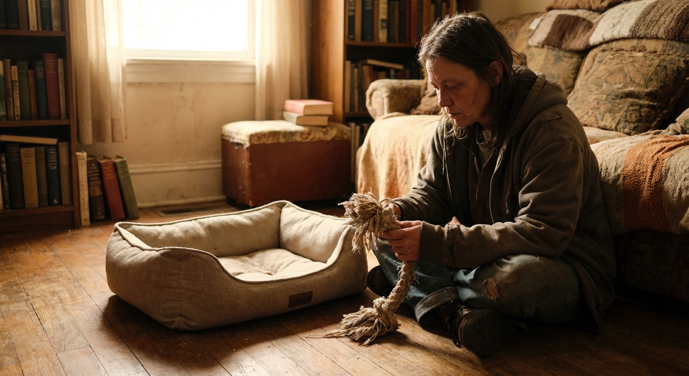 אדם יושב על רצפה ליד מיטת כלב ריקה, מחזיק צעצוע ישן, אור חם רך